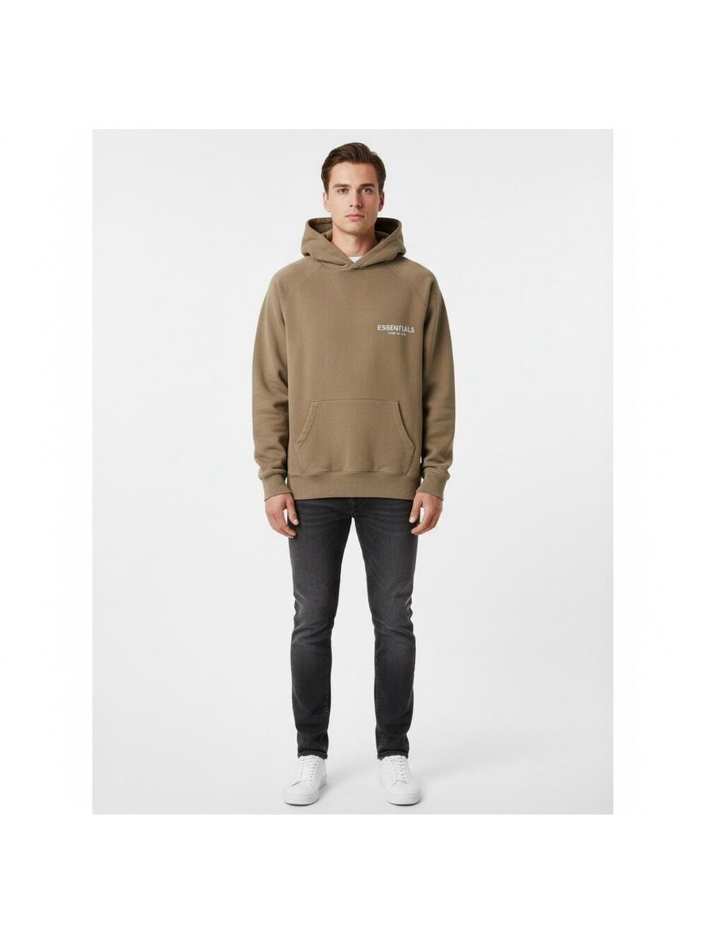 Fear of God Essentials Men's SS'22 Flocked Logo Hoodie NC3 Desert Taupe